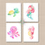 Sea Animals Nursery Decor Girl Wall Art Watercolor Mermaid Octopus Sea Horse Turtle Under The Sea Baby Girl Bedroom  C759