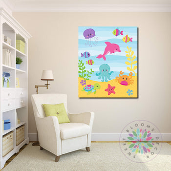 Sea Animals Nursery Decor Under The Sea Wall Art Girl Sea Animals Nursery Wall Art Turtle Crab Star Fish Sea Horse Bathroom Art CANVAS C669-Sweet Blooms Decor