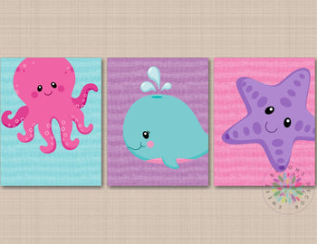 Sea Animals Nursery Decor Wall Art Purple Pink Teal Whale Star Fish Octopus Baby Girl Bedroom Decor Bathroom Gift C670-Sweet Blooms Decor