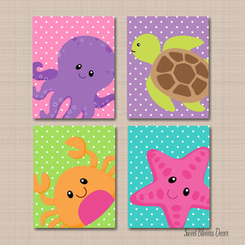 Sea Animals Nursery Decor Wall Art Turtle Star Fish Crab Octopus Pink Purple Teal Orange Under The Sea Baby Bathroom Decor-Sweet Blooms Decor