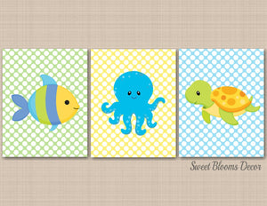 Sea Animals Nursery Wall Art Bedroom Decor Fish Bathroom,Fish Nursery Art,Ocean Dreams,Blue Green Nursery Shower Gift C358-Sweet Blooms Decor
