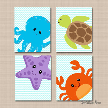 Sea Animals Nursery Wall Art Decor Turtle Star Fish Crab Octopus Bathroom Decor Under The Sea Baby Shower Gift Boy Girl 512-Sweet Blooms Decor