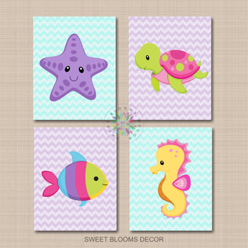 Sea Animals Nursery Wall Art Decor Under the Sea Girl Bedroom Starfish Sea Horse Turtle Fish Purple Pink Teal C882-Sweet Blooms Decor