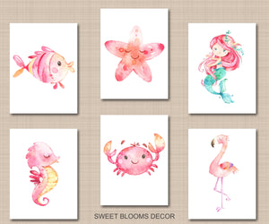 Sea Animals Wall Art Decor Mermaid Under the Sea Nursery Wall Art Girl Bedroom Decor Bathroom Wall Art Sea Animals Watercolor  C759