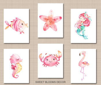 Sea Animals Wall Art Decor Mermaid Under the Sea Nursery Wall Art Girl Bedroom Decor Bathroom Wall Art Sea Animals Watercolor  C759