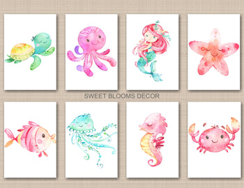 Sea Animals Nursery Wall Art Decor Watercolor Mermaid Under the Sea Ocean Girl Bedroom Decor Turtle Octopus Crab Star Fish Jelly Fish C759 