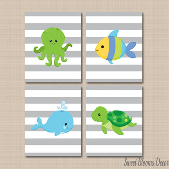 Sea Animals Nursery Wall Art Fish Turtle Whale Octopus Under the Sea Baby Boy Bedroom Decor Green Blue Yellow Gray C275-Sweet Blooms Decor