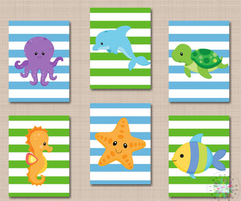 Sea Animals Nursery Wall Art Sea Animals Nursery Decor Under the Sea Nursery Wall Art Octopus Turtle Whale Fish Sea Horse Blue Green B131-Sweet Blooms Decor