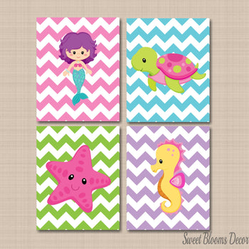 Sea Animals Nursery Wall Art Under the Sea Girl Bedroom Decor Chevron Mermaids Starfish Sea Horse Turtle UNFRAMED C360-Sweet Blooms Decor