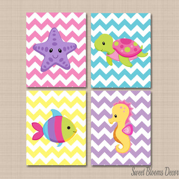 Sea Animals Nursery Wall Art Under the Sea Girl Bedroom DEcor Starfish Sea Horse Turtle Fish Purple Pink Teal UNFRAMED C272-Sweet Blooms Decor