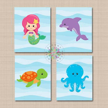Sea Animals Nursery Wall Art Under the Sea Ocean Girl Bedroom Nursery Decor Mermaids Turtle Octopus Dolphin UNFRAMED C775-Sweet Blooms Decor