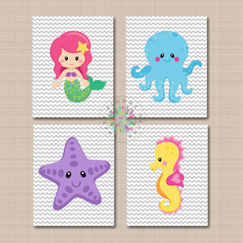 Sea Animals Nursery Wall Art Under the Sea Ocean Nursery Decor Sister Twins Girl Boy Mermaid Octopus Star Fish Horse C797-Sweet Blooms Decor