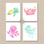 Sea Animals Nursery Wall Art Watercolor Under the Sea Nursery Decor Crab Octopus Jelly Fish Turtle Ocean Bathroom  C759