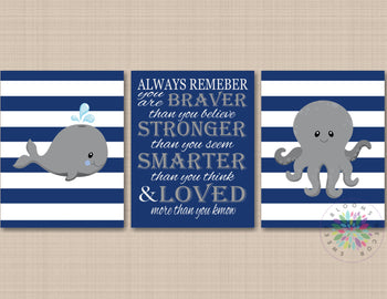 Sea Animals Nursery Wall Art Whale Octopus Nursery Decor Oceania Navy Blue Gray Nautical Ocean Always Remember C789-Sweet Blooms Decor