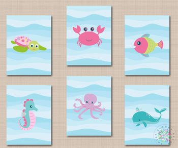 Sea Animals Nursery Wall Art,Under the Sea Nursery Wall Art,Girl Sea Animals Nursery Decor Sea Animals Bathroom Decor Girls C667-Sweet Blooms Decor