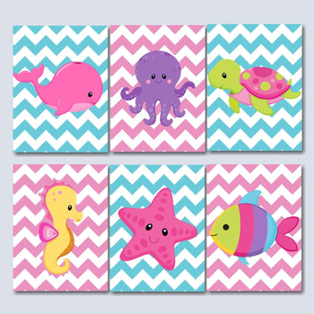 Sea Animals Nursery Wall Art,Under the Sea Nursery Wall Art,Pink Purple Teal Sea Animals Wall Art,Sea Animals Bathroom Decor Chevron C274-Sweet Blooms Decor