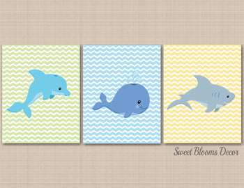 Sea Animals Nursery Wall Art,Whale Shark Dolphin Wall Art,Fish Nursery Art,Ocean Dreams,Blue Green Nursery C412-Sweet Blooms Decor