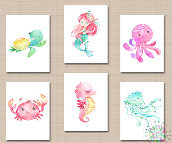Sea Animals Wall Art Decor Mermaid Under the Sea Nursery Wall Art Girl Bedroom Decor Bathroom Wall Art Sea Animals Watercolor C759-Sweet Blooms Decor