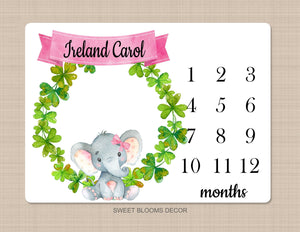 Shamrocks Milestone Blanket Elephant Baby Girl Pink Green Saint Patricks Day Irish St Patrick's Day Clover Wreath Monthly Growth B973