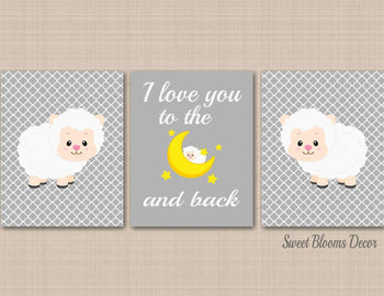 Sheep Nursery Wall Art Lamb Baby Gilr Boy Bedroom Decor White Gray Farm Animals Love you to the moon and back UNFRAMED C276-Sweet Blooms Decor