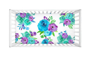 Purple Teal Watercolor Floral Crib Sheet C174