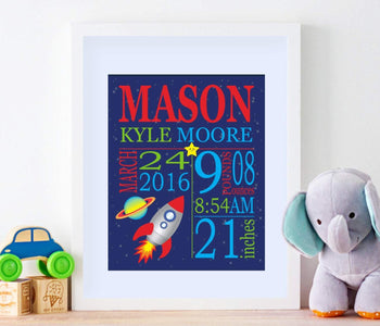 Space Birth Print,Space Birth Announcement,Space Nursery ,Rocket Nursery Decor,Rocket ,Space Kids Art-PRINT OR CANVAS-Sweet Blooms Decor