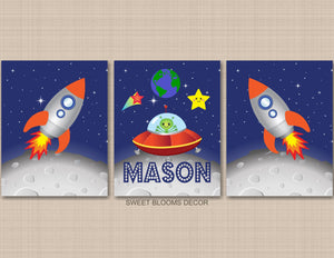 Space Kids Wall Art Decor Astronaut Outerspace Rockets Planets Stars Baby Boy Bedroom Name Sign Monogram C290-Sweet Blooms Decor
