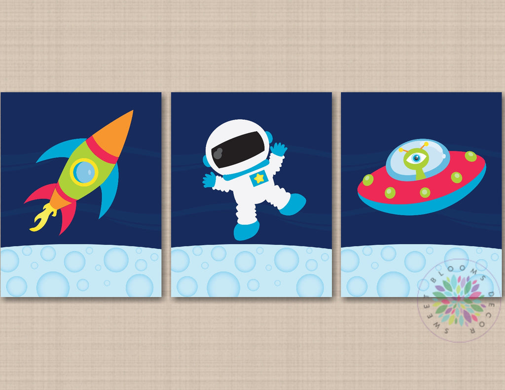Space Kids Wall Nursery Art Rockets Astronaut Spaceship Outerspace Baby Boy Bedroom Decor Moon Sky Baby Shower Gift C613-Sweet Blooms Decor