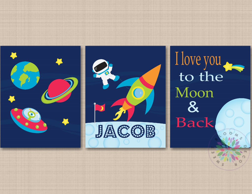 Space Nursery Wall Art Space Room Decor Outerspace Name I love you to the moon Back Astronaut Rockets Kids Room Decor C661-Sweet Blooms Decor
