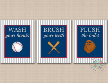 Sports Bathroom Decor Kids Baseball Bathroom Wall Art Baseball Bedroom Wall Art Boy Sports Bathroom Red Navy Blue Gray PRINTS or CANVAS-Sweet Blooms Decor