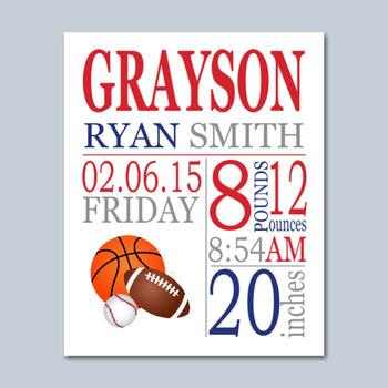 Sports Birth Print,Sports Birth Stats,Sports Birth Announcement,Sports Kids Room Sports Baby ,Sports Nursery Decor-PRINT OR CANVAS-Sweet Blooms Decor