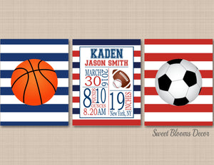 Sports Nursery Wall Art Birth Announcement Print Navy Red Stripes Baby Boy Bedroom Decor Basketball Football Soccer-Sweet Blooms Decor