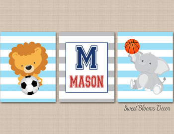 Sports Nursery Wall Art Future All Star Sports Blue Gray Animals Sports Gray Blue Name Lion Elephant Basketball Soccer C499-Sweet Blooms Decor