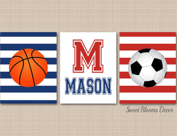 Sports Wall Art Navy Blue Red Sports Nursery Decor Spots Kids Room Name Monogram Wall Art Soccer Basketaball UNFRAMED C498-Sweet Blooms Decor
