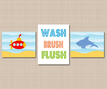Submarine Shark Bathroom Wall Art,Whale Shark Fish Bathroom Decor,Aqua Submarine,Under the Sea Wash Brush Flush PRINTS or CANVAS B109-Sweet Blooms Decor