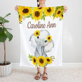 Sunflower Elephant Name Blanket Floral Personalized Watercolor Flowers Baby Girl Shower Gift Newborn Nursery Crib Bedding  B1188