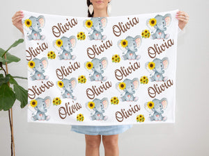 Sunflower Elephant Name Blanket Floral Personalized Watercolor Flowers Baby Girl Shower Gift Newborn Nursery Crib Bedding Sunflower Swaddle