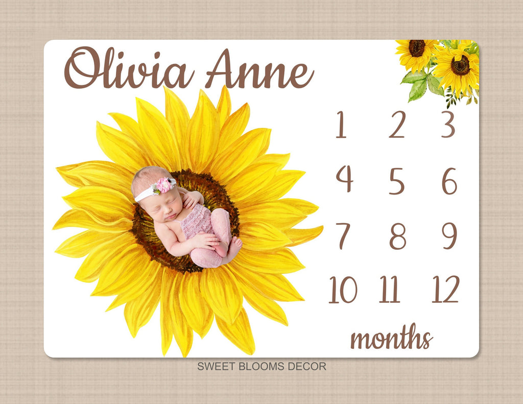 Sunflower Floral Milestone Blanket Flowers Wreath Monthly Growth Tracker Newborn Gift  Baby Girl Name Baby Shower Gift B1193