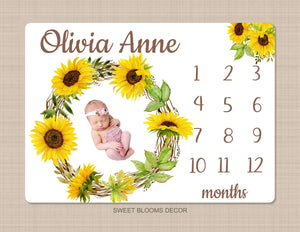 Sunflower Floral Milestone Blanket Flowers  Wreath Monthly Growth Tracker NewbornGift  Baby Girl Name Baby Shower Gift B1186