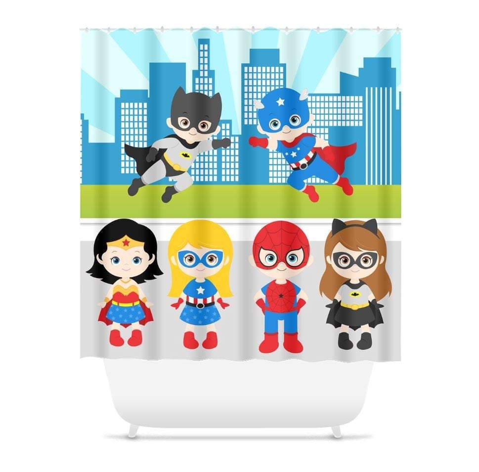 Superhero Shower Curtain Bathroom Decor Kids Shower Curtain Super Hero City Skyline Boy Bathroom Baby Bath Mat Towel Brothers S134
