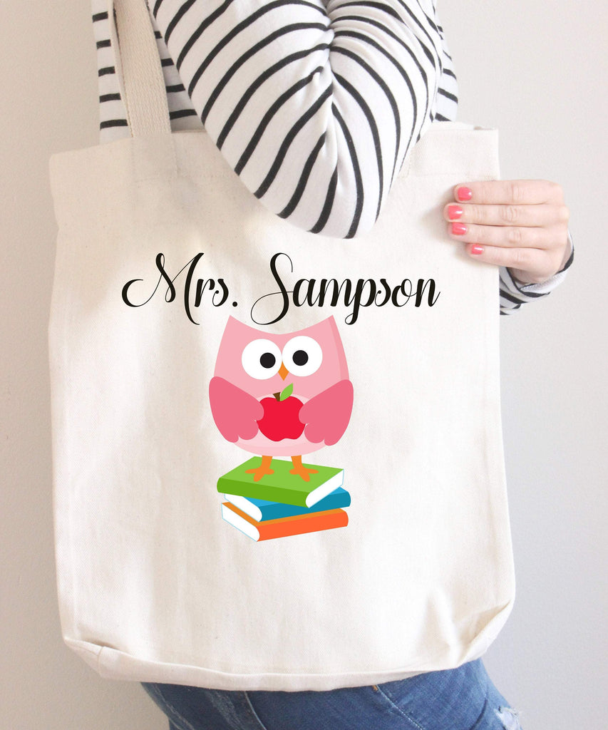 Teacher Tote Bag Personalized Name Birthday Gift Owl Books Apple Teacher Gift Library Bag Gifts for Teacher T116-Sweet Blooms Decor