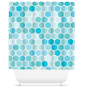 Teal Aqua Turquoise Shower Curtain Geometric Shapes Honeycombs Guest Bathroom Decor Modern Minimalist Design Adults Bath Curtain S135