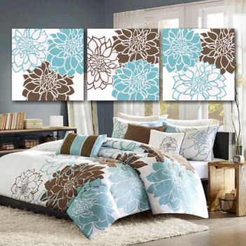 Teal Brown Bedroom Wall Art,Blue Brown Floral Wall Art,Brown Aqua Floral Wall Art,Blue Brown Bathroom,Modern Bedroom