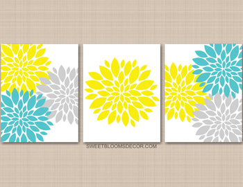 Teal Gray Yellow Floral Wall Art Dalia Flower Bust Wall Decor F130