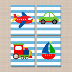 Transportation Nursery Wall Art Boy Bedroom Decor Cars Planes Trains Boat Kids Room Fed Blue Stripes Playroom Birthday C444-Sweet Blooms Decor