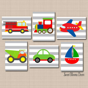 Transportation Nursery Wall Art Cars Air Planes Trains Fire Dump Truck Boat Gray Stripes Boy Bedroom Decor Playroom C296-Sweet Blooms Decor