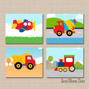 Transportation Nursery Wall Art Construction Kids Bedroom Decor Dump Trucks Planes Trains Mixer Red Blue Green C566-Sweet Blooms Decor
