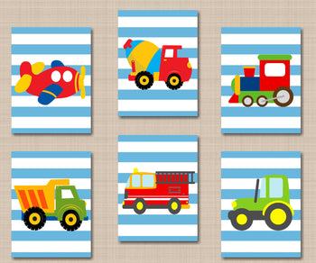 Transportation Nursery Wall Art Decor Kids Wall Art Blue Stripes Planes Train Fire Truck Dump Truck Mixer Construction Boy Room C730-Sweet Blooms Decor