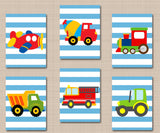 Transportation Nursery Wall Art Decor Kids Wall Art Blue Stripes Planes Train Fire Truck Dump Truck Mixer Construction Boy Room C730-Sweet Blooms Decor