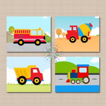 Transportation Nursery Wall Art Kids Boy Room Decor Construction Bedroom Fire Truck Train Mixer Dump Truck Playroom 4 C659-Sweet Blooms Decor